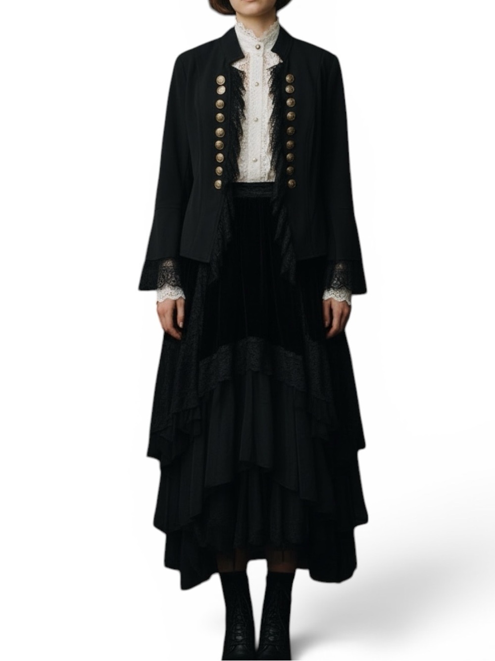 Vintage Goth Victorian Vampire Lace Coat High Neck Military Style Black Size 6